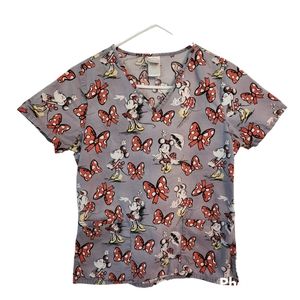 Disney Minnie Mouse and Bows Pattern Size Small Multicolored Scrub Top V Neck